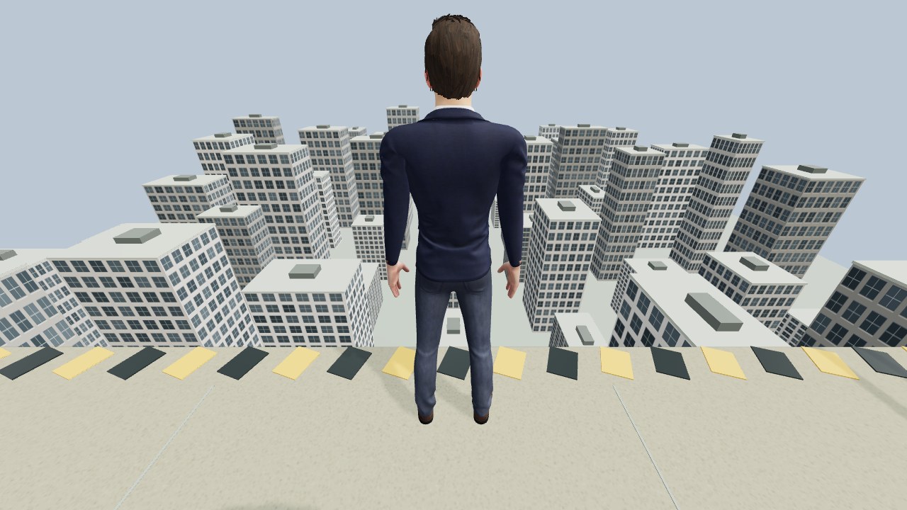Exact model input: first-person view of a person standing at an exposed rooftop edge